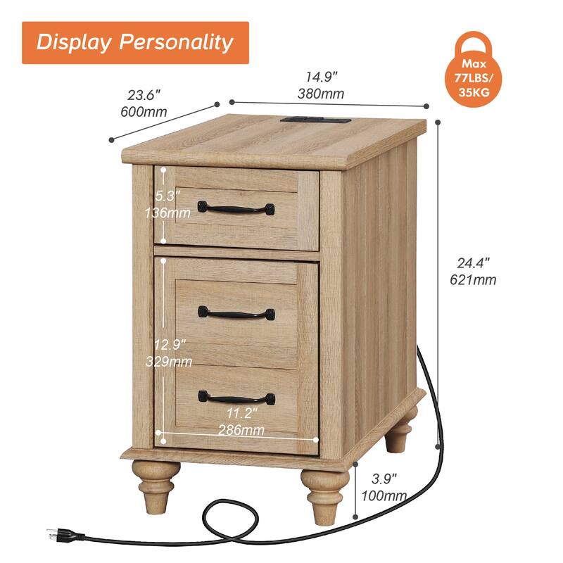 End Table with Charging Station, Side Table with Storage, Power Outlets & Type-C USB Ports for Living Room