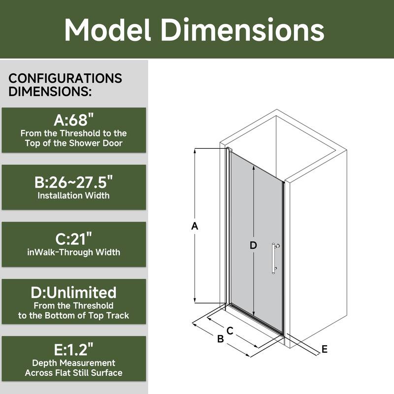 Matte Black Hinged Shower Door 26x68, 6mm Tempered Glass, Headerless, 1.5 in Adjustable, Left/Right In/Out