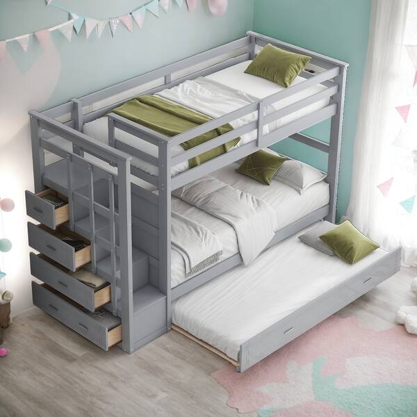 slide 2 of 13, Elegant Design Twin Over Twin Bunk Bed With Trundle And Staircase, Built-In Storage,Gray Gray