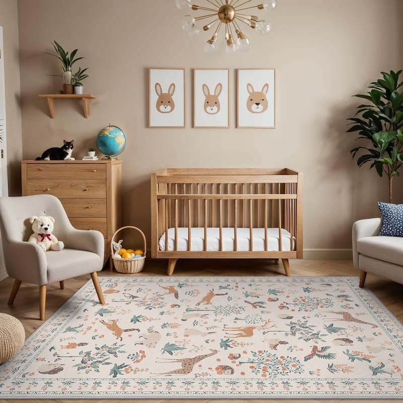 Mcow Woodland Friends Animal Print Low-Pile Machine-Washable Area Rug