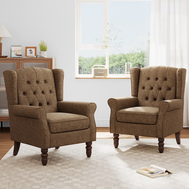 Button Tufted Armchair Wingback Wood legs Accent Chairs (Set of 2) - Brown-Chenille