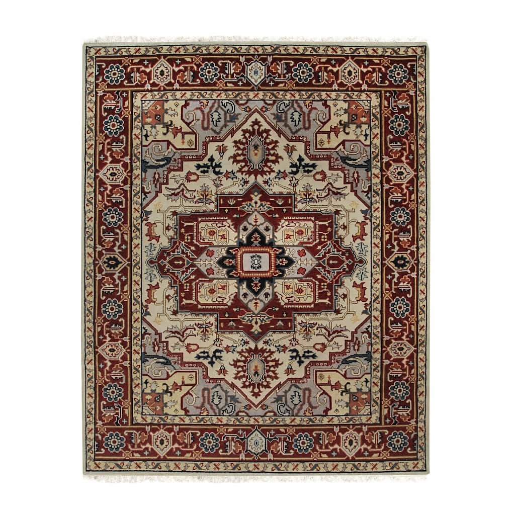 Ivory Hand Knotted Wool Traditional Heriz Weave Rug, 8' x 10', Soft Luxurious Accent Rug - L