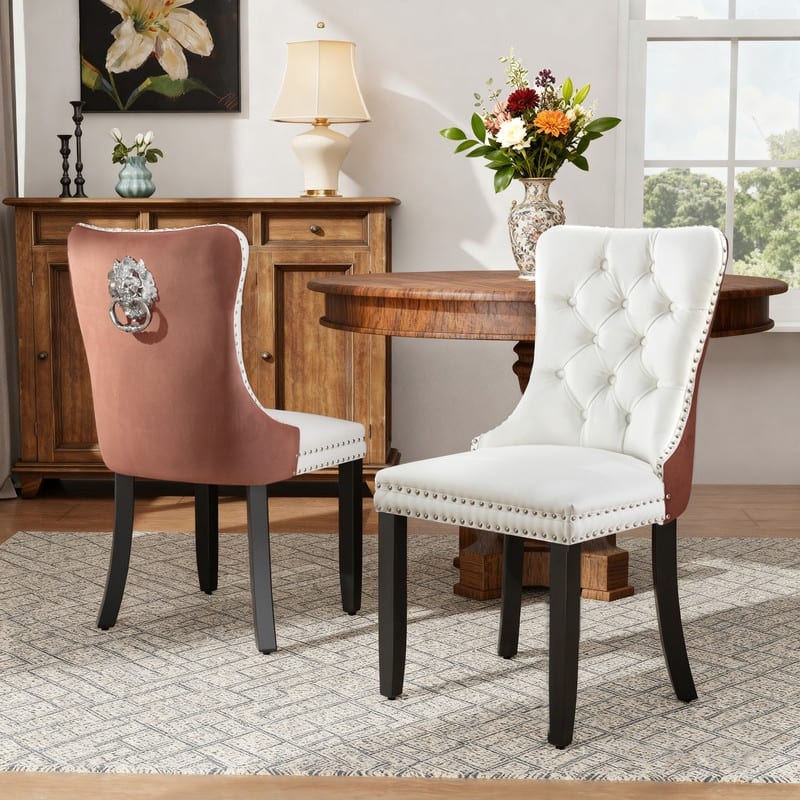 High-end Tufted Velvet Upholstered Nailhead Dining Chair Set of 6 - Set of 2 - White Pink