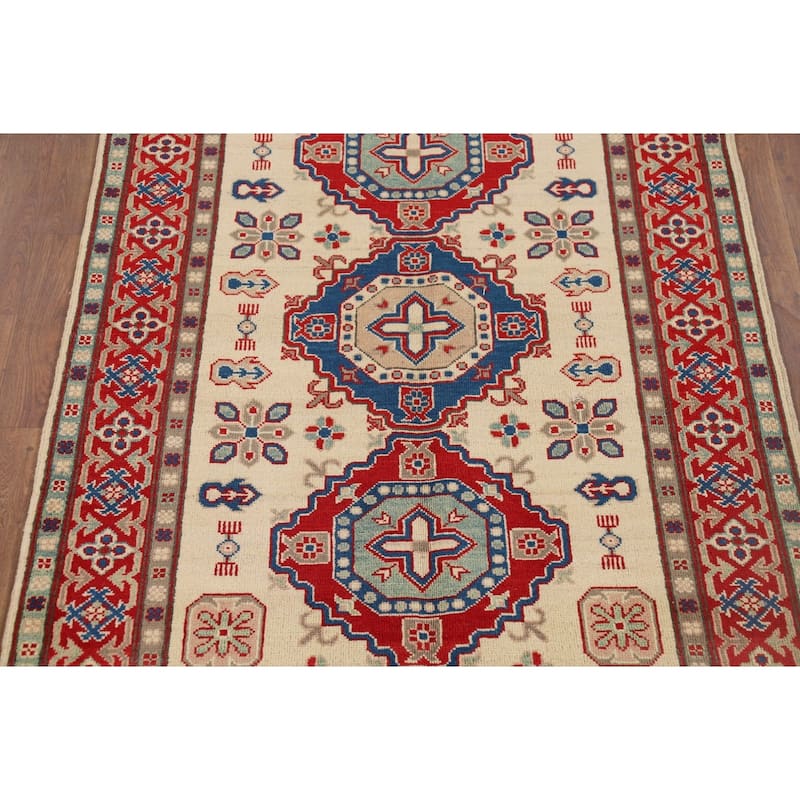 Ivory Geometric Kazak Foyer Rug Handmade Traditional Wool Carpet - 4'1" x 6'0"