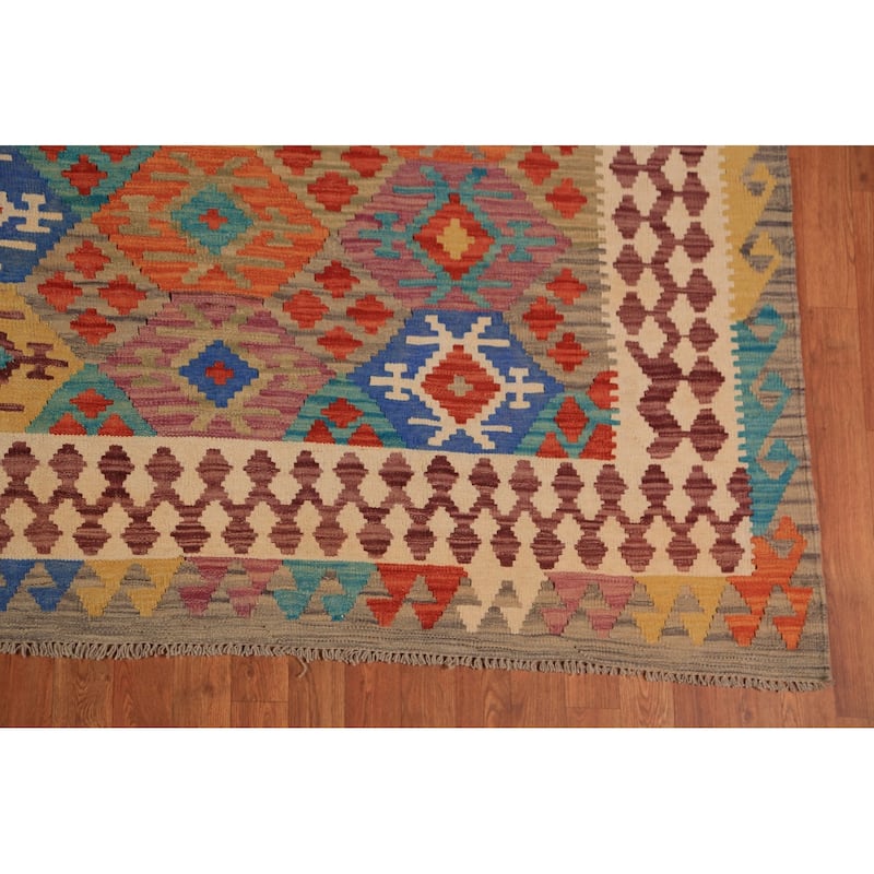 Colorful Geometric Kilim Oriental Area Rug Hand-Woven Wool Carpet - 8'7"x 9'6"