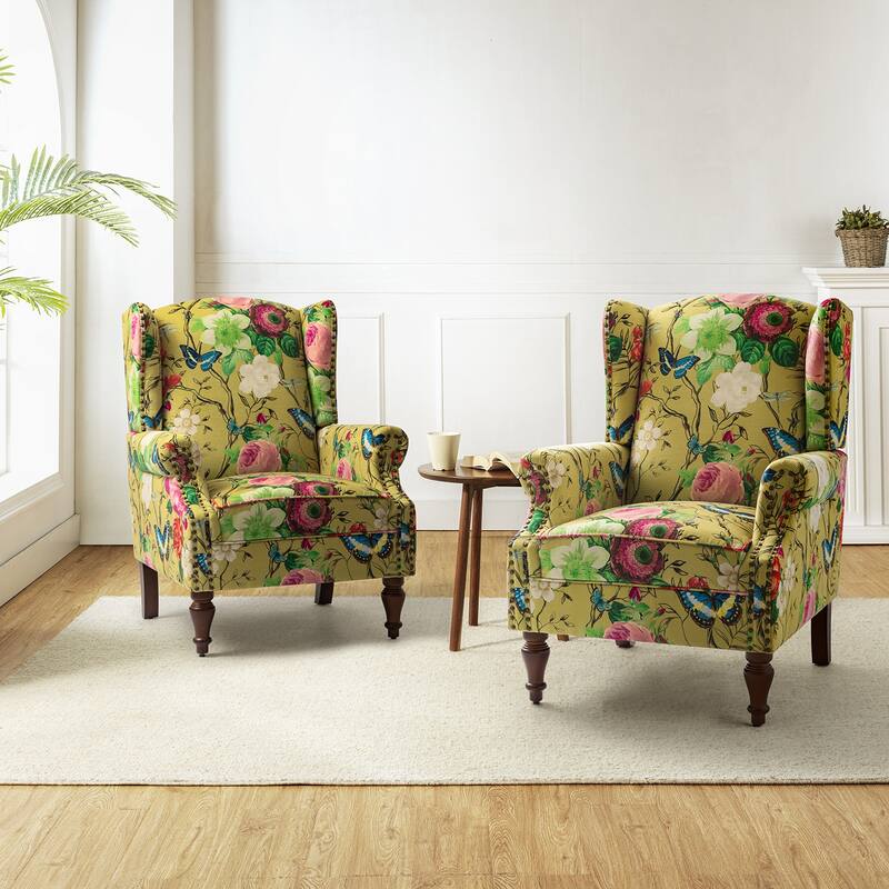Gott Traditional Wingback Armchair with Solid Wood Legs Set of 2 by HULALA HOME - Mustard
