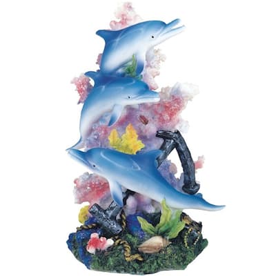 Q-Max 9"H Blue Dolphins Swimming Around Pink Coral Statue Marine Life Decoration Figurine