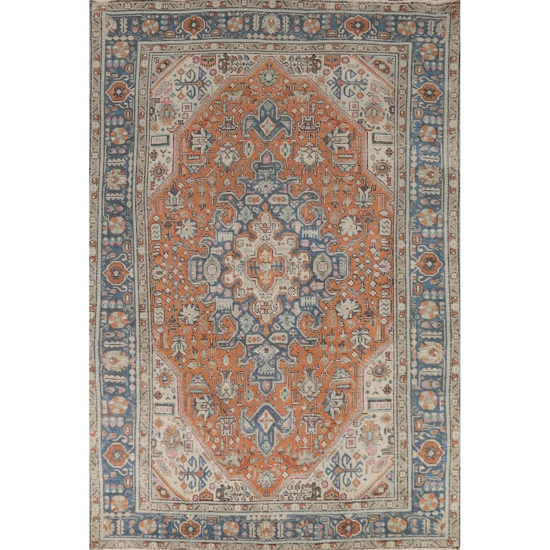 Orange Geometric Tabriz Persian Area Rug Hand-Knotted Wool Carpet - 6'3"x 9'6"
