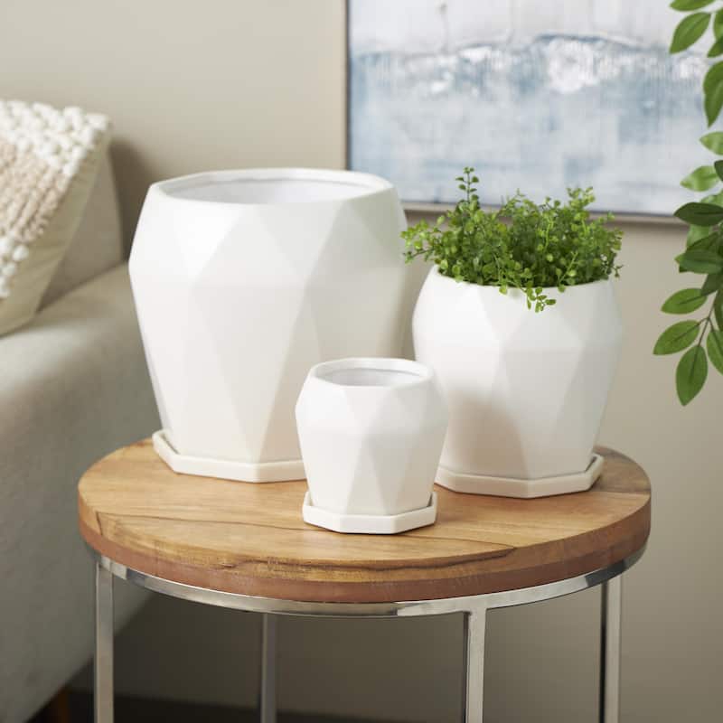 Ceramic Geometric Patterned Indoor Outdoor Planter with Attached Saucer - Set of 3 Black or White- Roche River Decor
