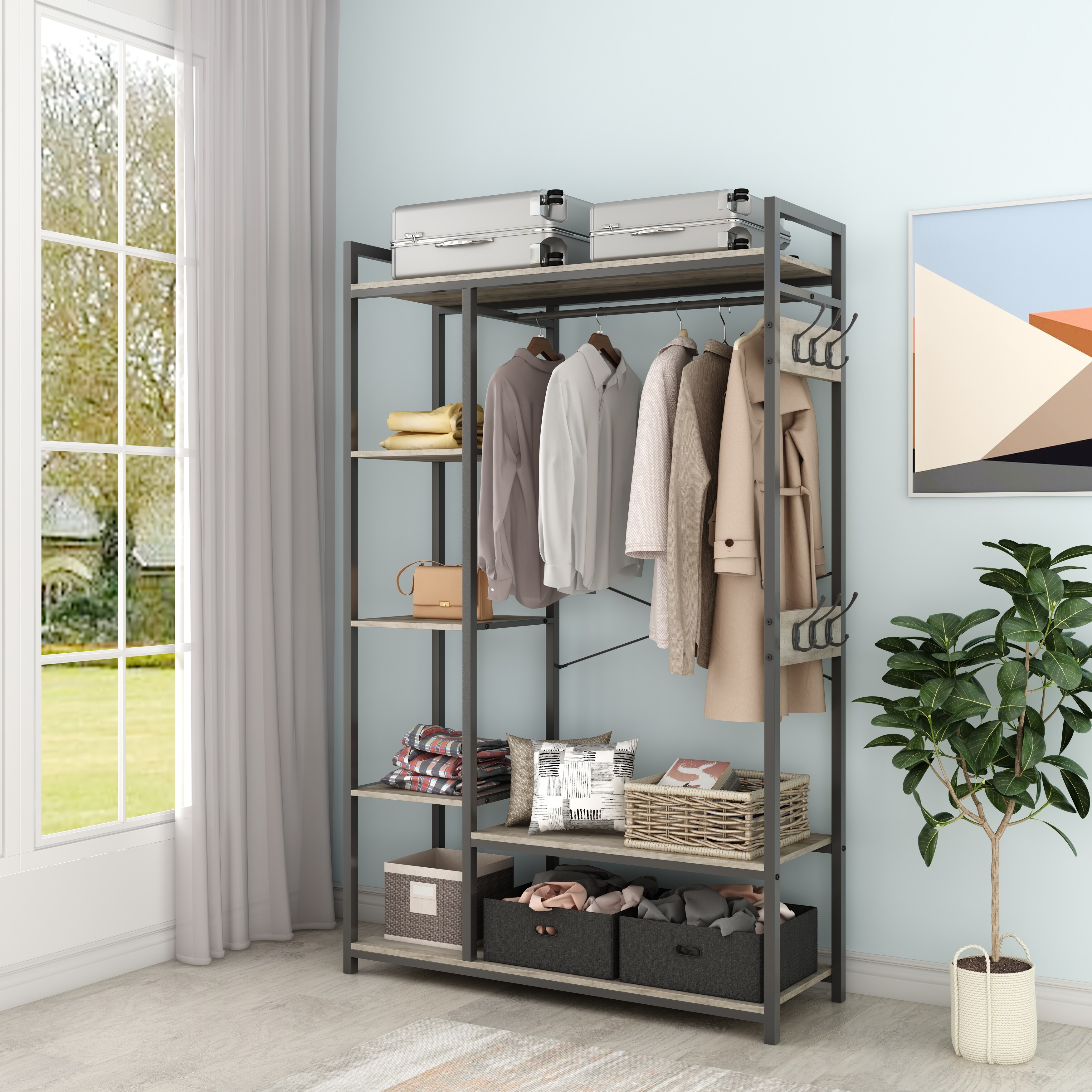 Free-Standing Closet Organizer with Storage Box & Side Hook