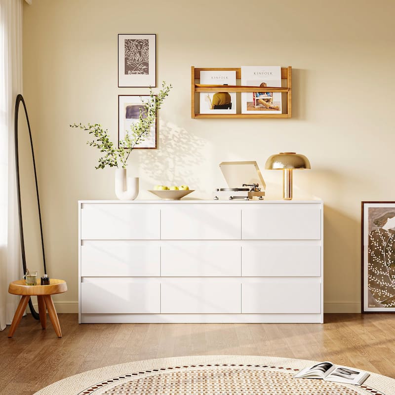 63" Modern 9-Drawer Dresser for Bedroom, Wide White Chest of Drawers, Large Storage Cabinet for Clothes Organization