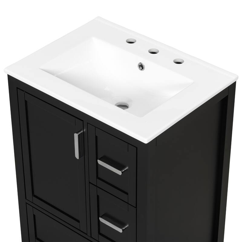 Modern 24" Bathroom Vanity with Ceramic Sink - Soft-Close Door with Double Shelf, 3 Drawers,for Small Spaces