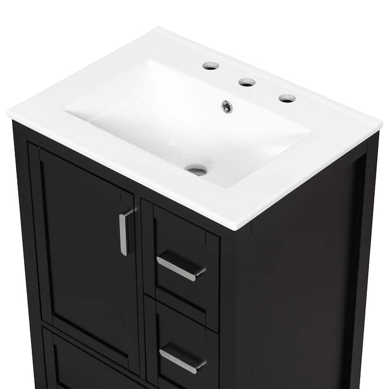 Solid Wood Frame Bathroom Vanity Cabinet with Ceramic Sink, Space-Saving 24-Inch Vanity