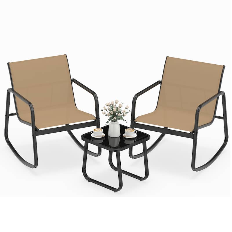 Gymax Set of 3 Patio Rocking Set 2 Rocking Bistro Chairs & Glass-Top