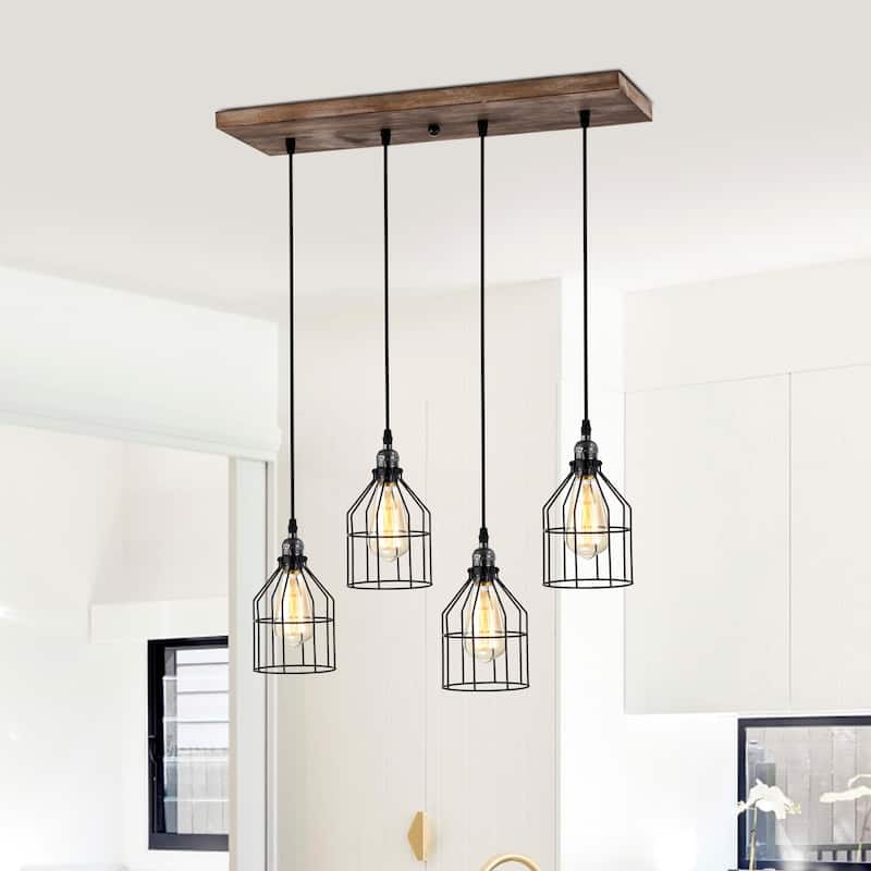 Malai Farmhouse Kitchen Island Chandelier Wood Grain Finish Metal Matte Black Lighting - Matte Black and Wood Grain