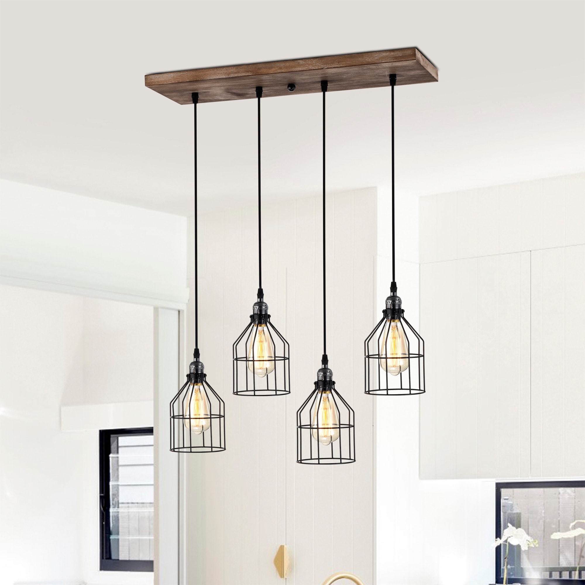 Warehouse of Tiffany Malai Farmhouse Kitchen Island Chandelier Wood Grain Finish Metal Matte Black Lighting