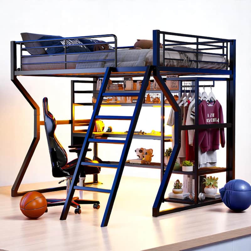 Full Size Metal Loft Bed with Desk, LED Lights, Charging Station, Open Wardrobe & Storage Shelves, Gaming Workstation Loft Frame