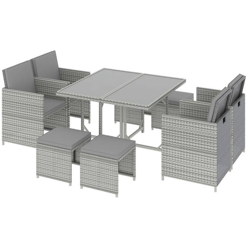 9-Piece Outdoor Dining Set for 8, Wicker Chairs, Cushions, Glass Table - Light Grey