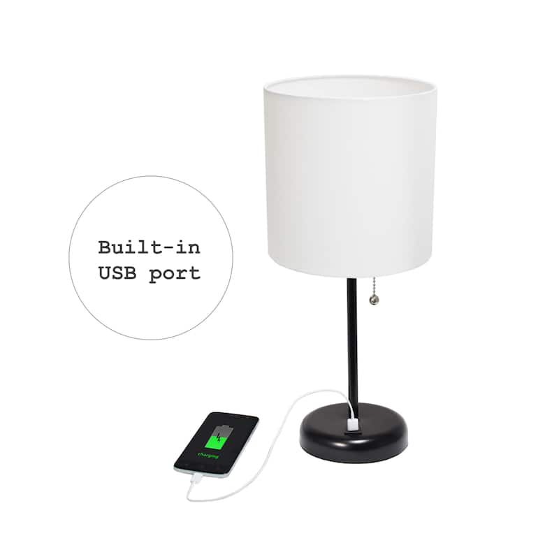 White Stick Lamp with USB charging port and Fabric Shade