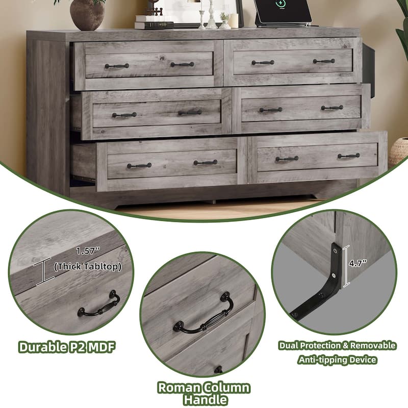 Vintage 6 Drawers Double Dresser Chest of Drawers with Charging Station