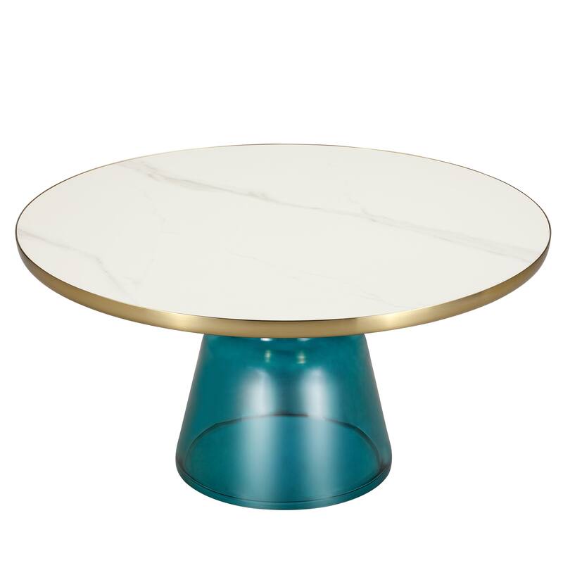 30-Inch Round Coffee Table Glass/Stone Tabletop with Gold Iron Rim Frame Glass Pedestal Base - Blue/White Stone