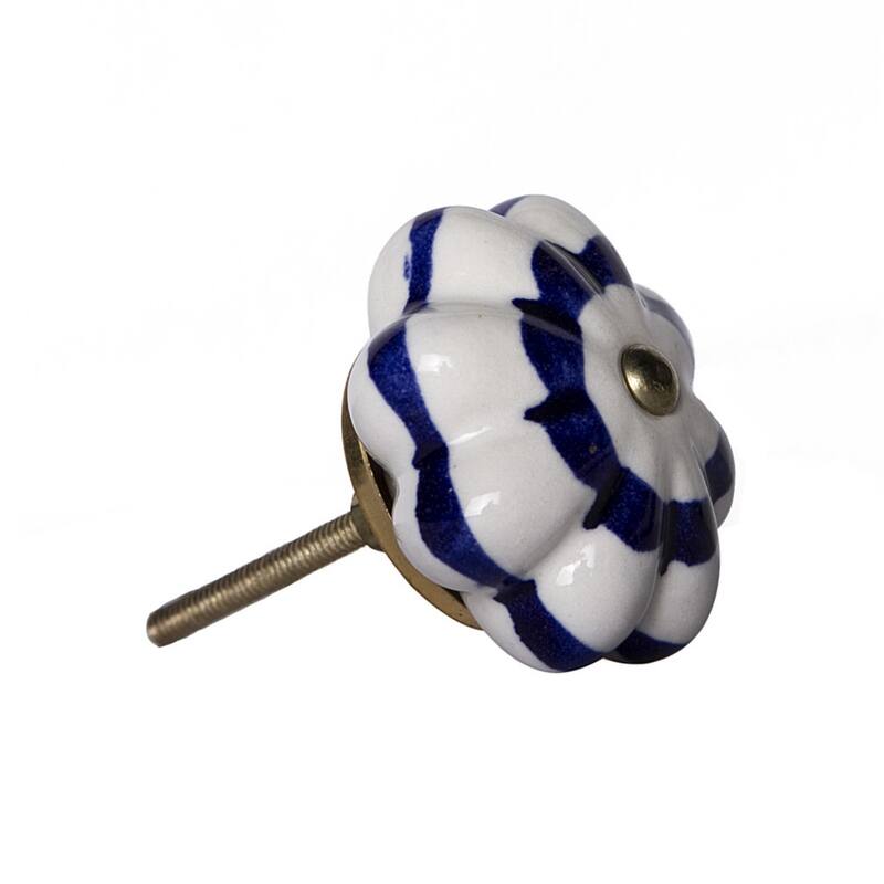 Set of 8 Hand-Painted Blue & White Ceramic Cabinet Knobs Traditional Floral Design with Metal Base - 1.5" x 1.5" x 1.5"