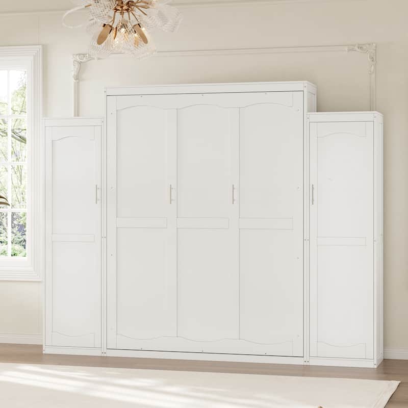 Full/Queen Size Murphy Bed, Wood Wall Murphy Bed with Two Closets and Shelves, Foldable Platform Bed Frame with Wooden Slats
