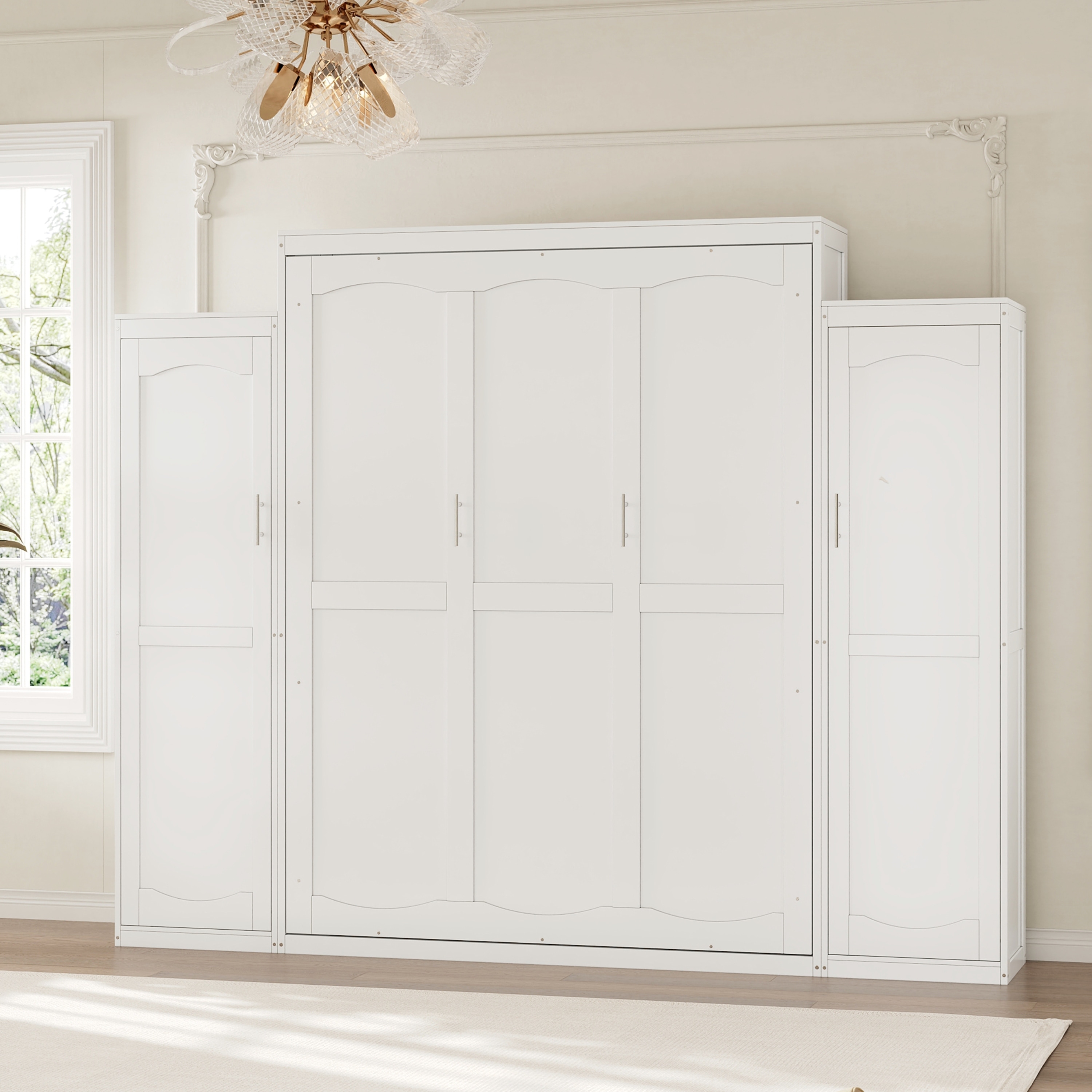 Queen Size Murphy Bed with Two Wardrobes and Multifunctional Foldable Platform Bedframe