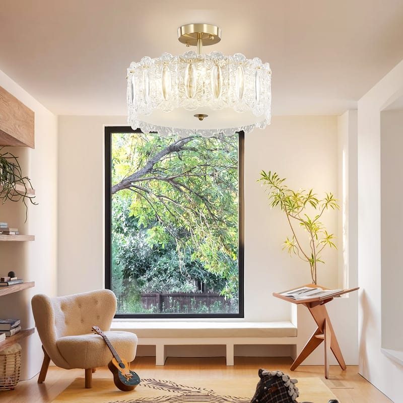 Brass Modern Crystal Semi Flush Mount Ceiling Light for Living Room, Bulbs Included