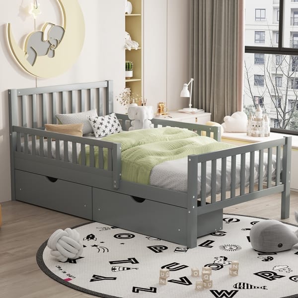 slide 2 of 57, Solid Wood Platform Bed Frame with Guardrails and 2 Storage Drawers Gray - Twin
