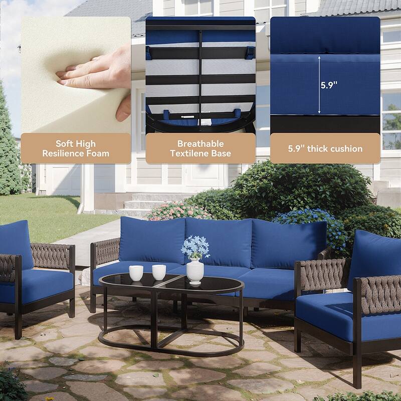Kullavik 5-piece Aluminlum Frame Woven Rope Patio Sofa with Glass Table and Cushions