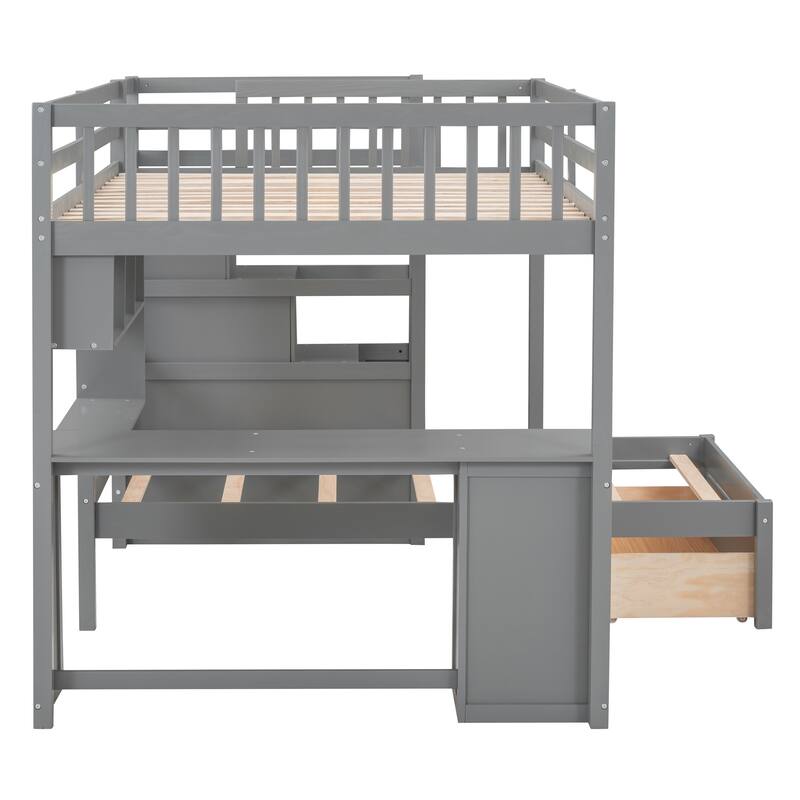 Full Over Twin Bunk Bed with Desk, Drawers, and Shelves in Gray
