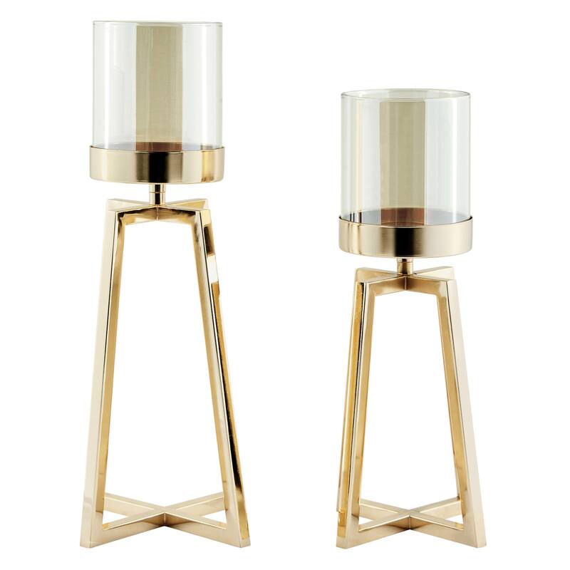 Tinted Glass Hurricane Pillar Candle Holders - 15" - Gold - Set of 2