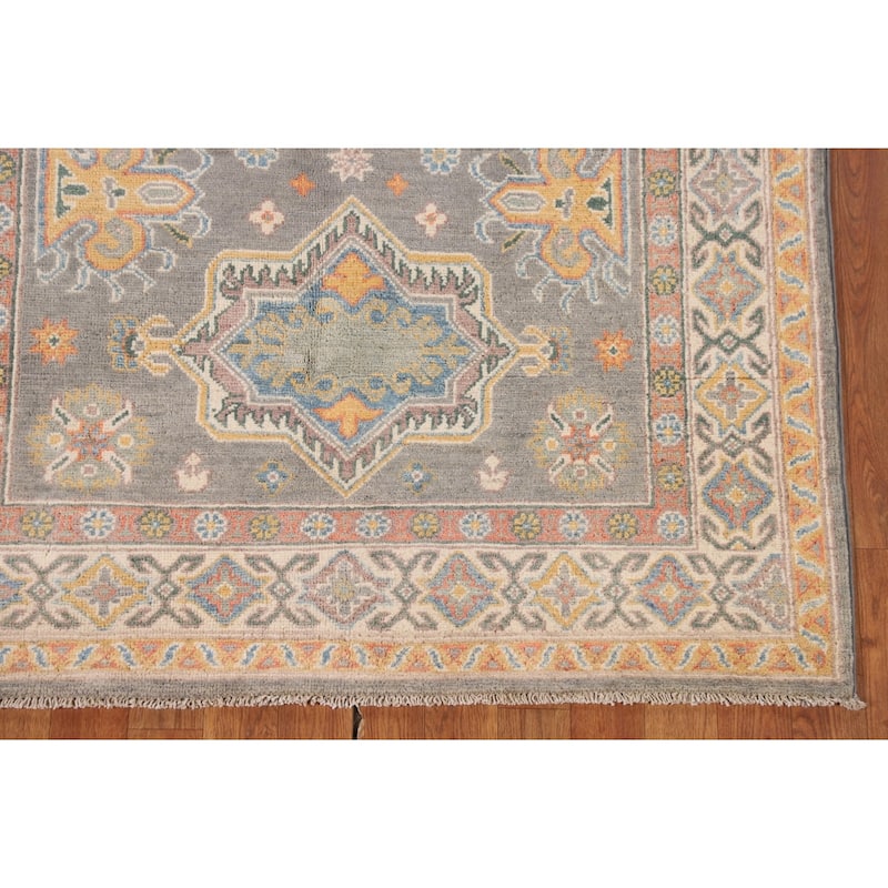 Geometric Grey Kazak Oriental Rug Bedroom Hand-Knotted Wool Carpet - 4'0"x 5'10"