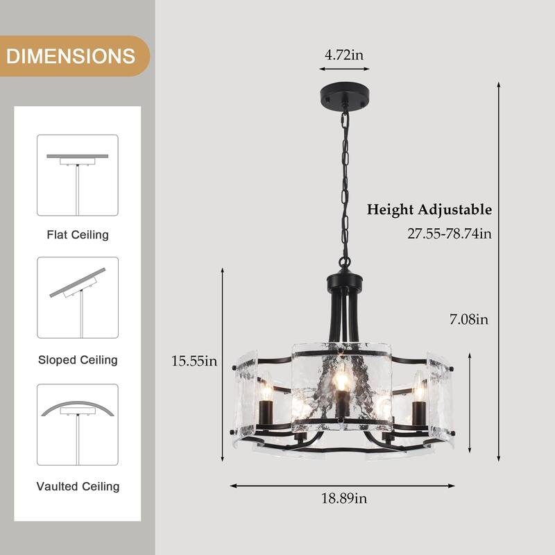 18.9inch modern simple design 5 light pendant with flower metal frame and water ripple glass decorative piece for multiple rooms
