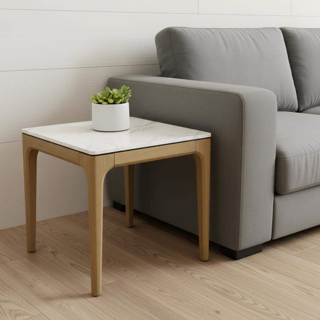 HomeRoots 22" White and Natural Faux Marble and Wood Square End Table - 23.60 in. x 21.60 in. x 23.60 in.