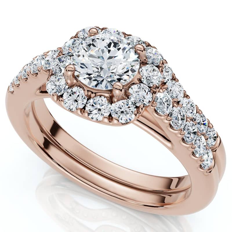Bliss Diamond 1 1/10Ct Cushion Halo Diamond Engagement Ring & Matching Band Gold/Pt Lab Grown - 8.5 - Rose