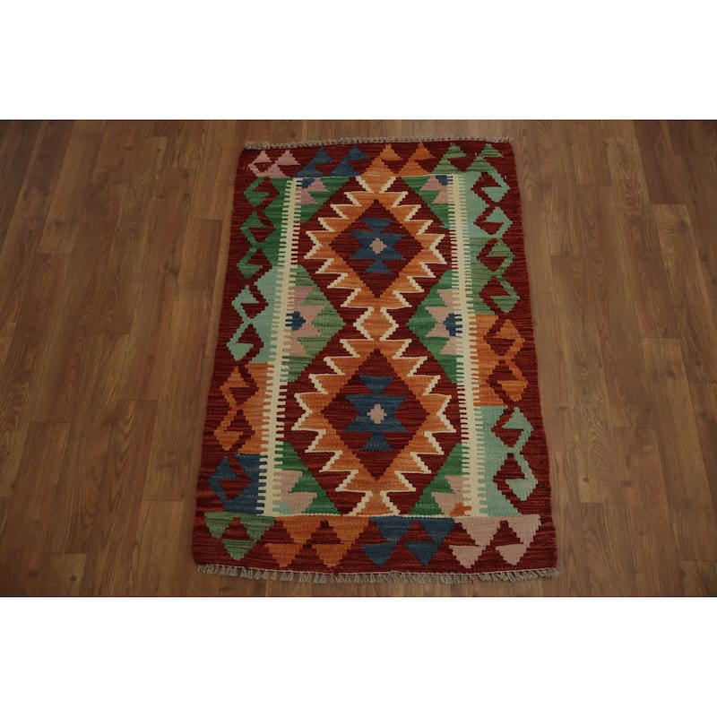 Hand Woven Oriental 100% Wool Carpet Southwestern Geometric Multi-Colored Kilim Area Rug - 3' 3'' X 2' 3''