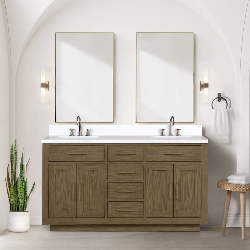 Abbey 60 in W x 22 in D Black Oak Double Bath Vanity, Cultured Marble Top, Faucet Set, and 28 in Mirrors