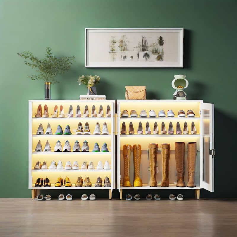 White LED Shoe Cabinet with Acrylic Doors Remote Control Lighting and 5 Tier Storage for 16 to 22 Pairs