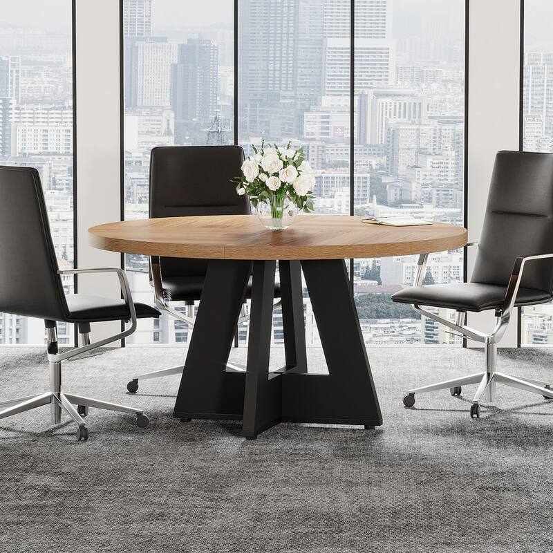 47" Round Conference Table Meeting Room Table with Thickened Top Wood Base Modern Training Desk for Conference/Seminar Room