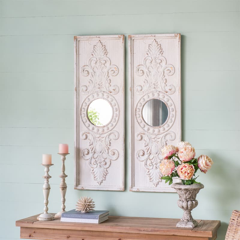 Modern Wooden Wall Art Panels with Round Mirror Accents (Set of 2)