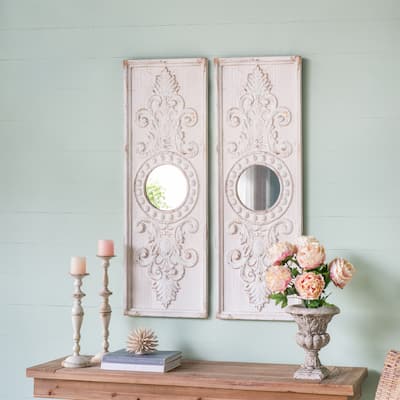 Modern Wooden Wall Art Panels with Round Mirror Accents (Set of 2)