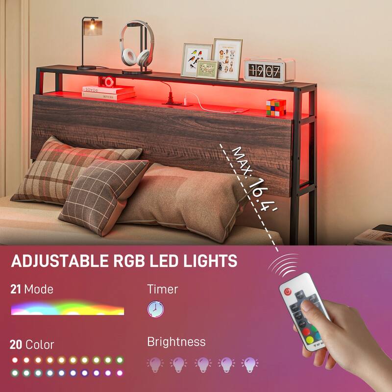 Walnut Platform Bed Frame with USB Charging and RGB LED Lights 3-Tier Storage and Noise-Reducing Mats