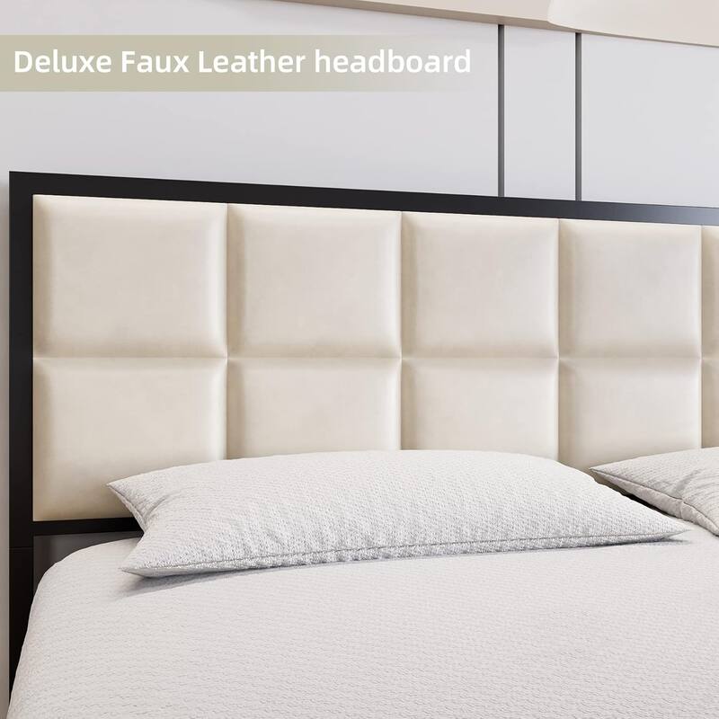 Faux Leather Platform Bed Frame with Upholstered Square Stitched Headboard
