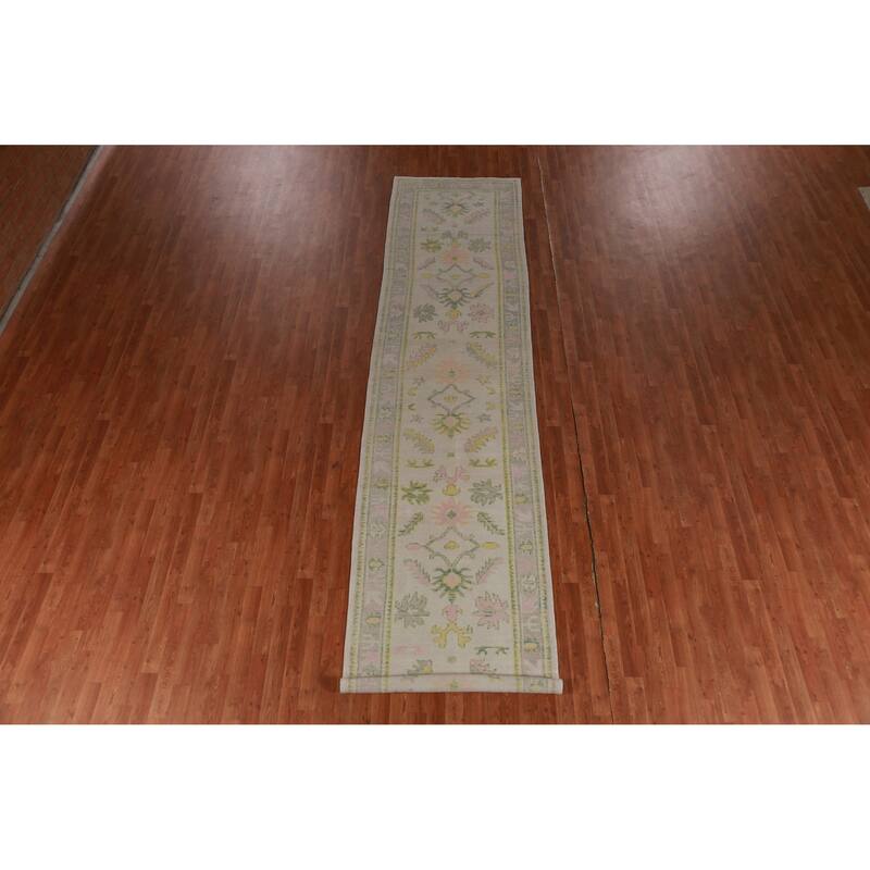 Hand Knotted Oriental 100% Wool Carpet Transitional Geometric Beige & Ivories Oushak Runner Rug - 15' 0'' X 3' 4''