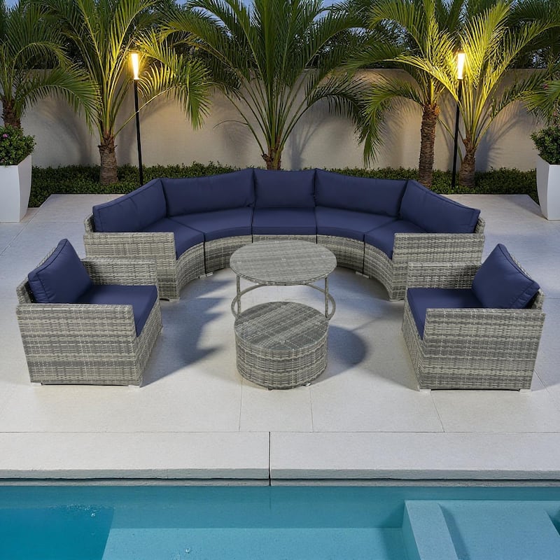 9-Piece Outdoor Patio Wicker Half-Moon Sectional Sofa Set with Nesting Coffee Table and 2 Armchair