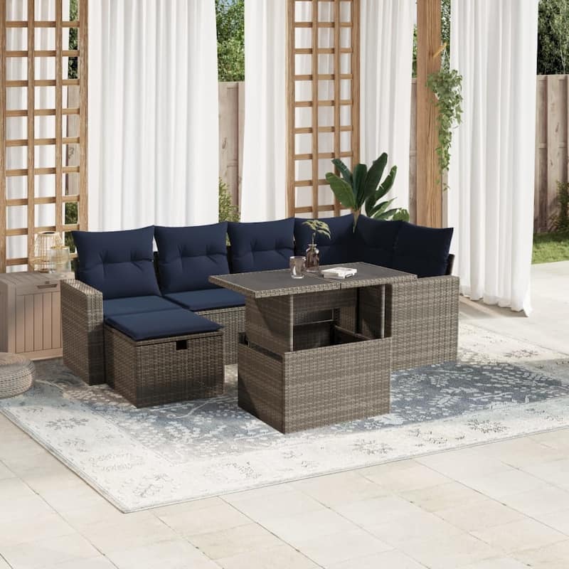 vidaXL Patio Sofa Set with Cushions and Table Outdoor Garden 7 Piece Poly Rattan - Gray - 24.4" x 24.4" x 27.2"