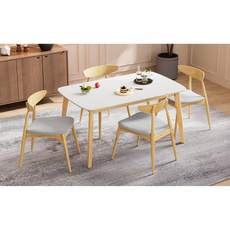 Roomfitters 5-Piece Scandinavian Dining Set, 59" White Oak Table with 4 Ergonomic Beige Upholstered Chairs