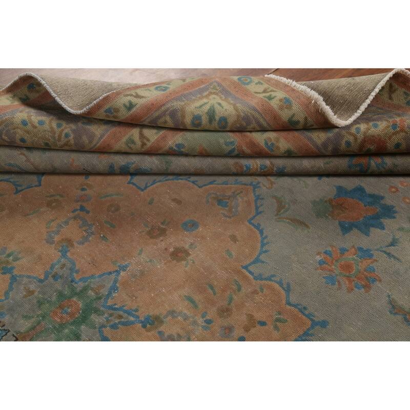 Floral Green Tabriz Persian Vintage Area Rug Hand-Knotted Wool Carpet - 9'7"x 12'11"